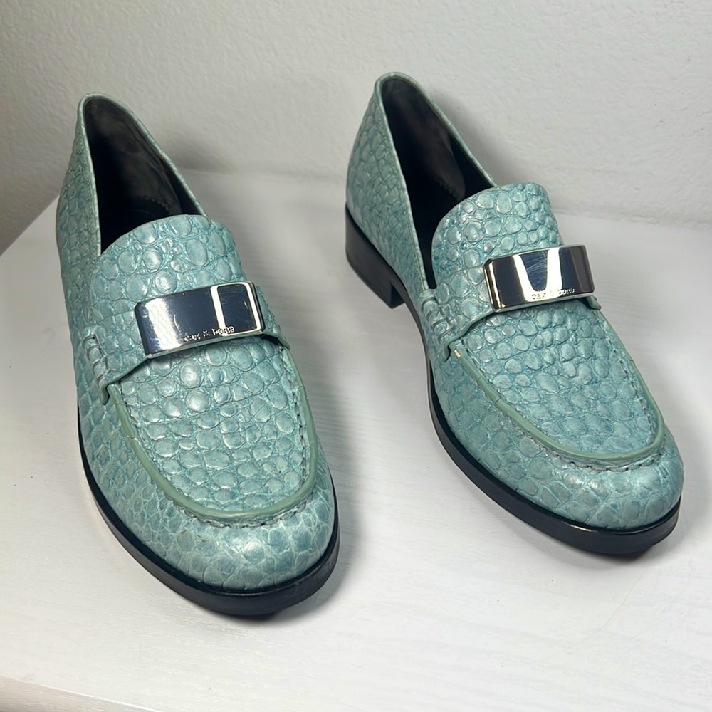 rag & bone Aqua Textured Leather Loafers with Silver Accent